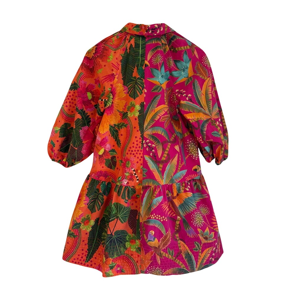 FARM Rio XS Colorblock Mixed Tropical Print Mini Shirt Dress Pink Orange Birds - Picture 3 of 7